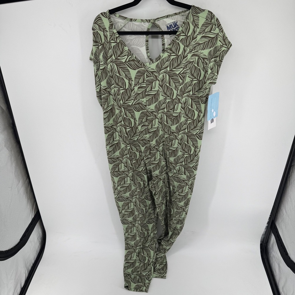 Muk Luks Cloud Knit Jumpsuit Green Brown Tropical Leaf Print V-Neck Keyhole back
